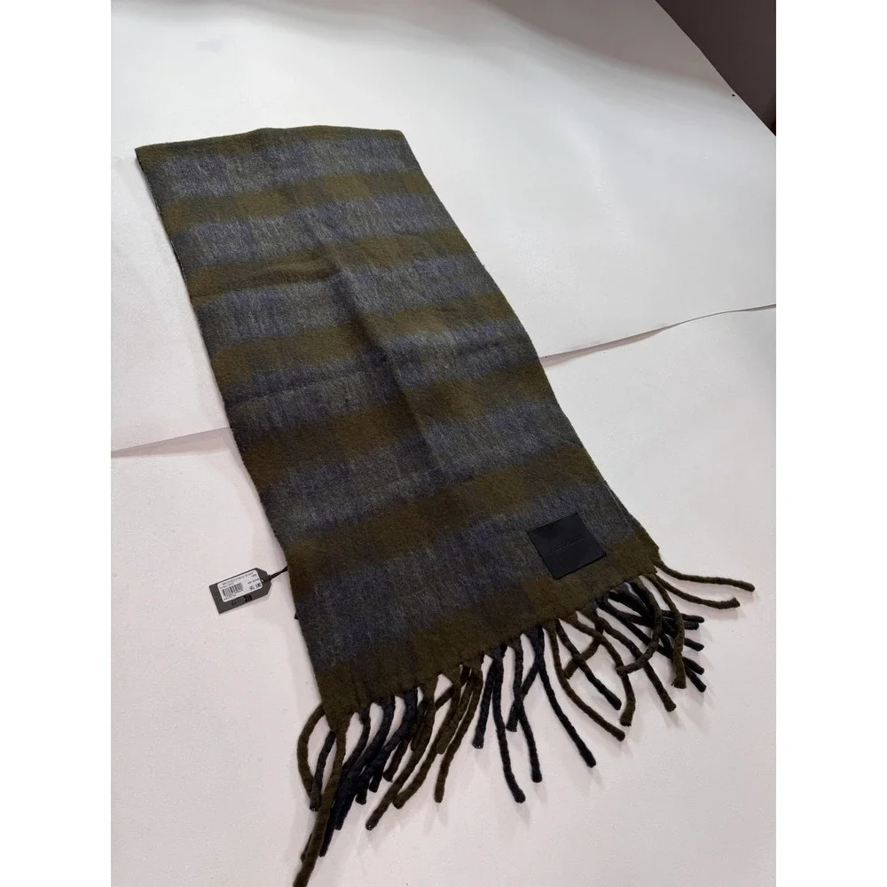 AllSaints Rilas Strk Brushed Check Scarf Mens One Size Green Plaid Fringe